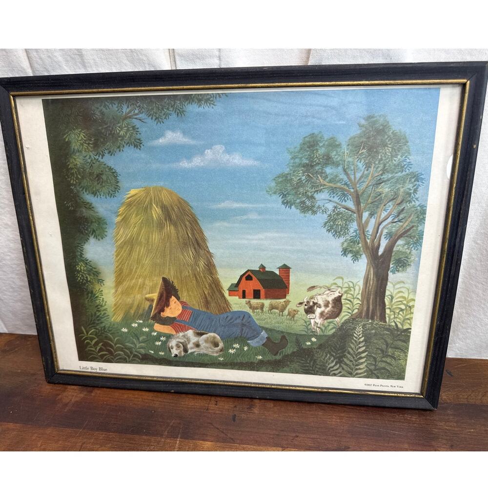 Little Boy Blue Lithograph Penn Prints '57 Mother Goose Nursery Picture Wall Art